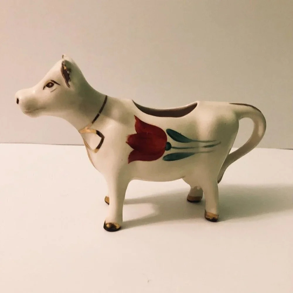 Vintage Ceramic Cow Creamer Red Tulip  Figurine 8 Inch Long